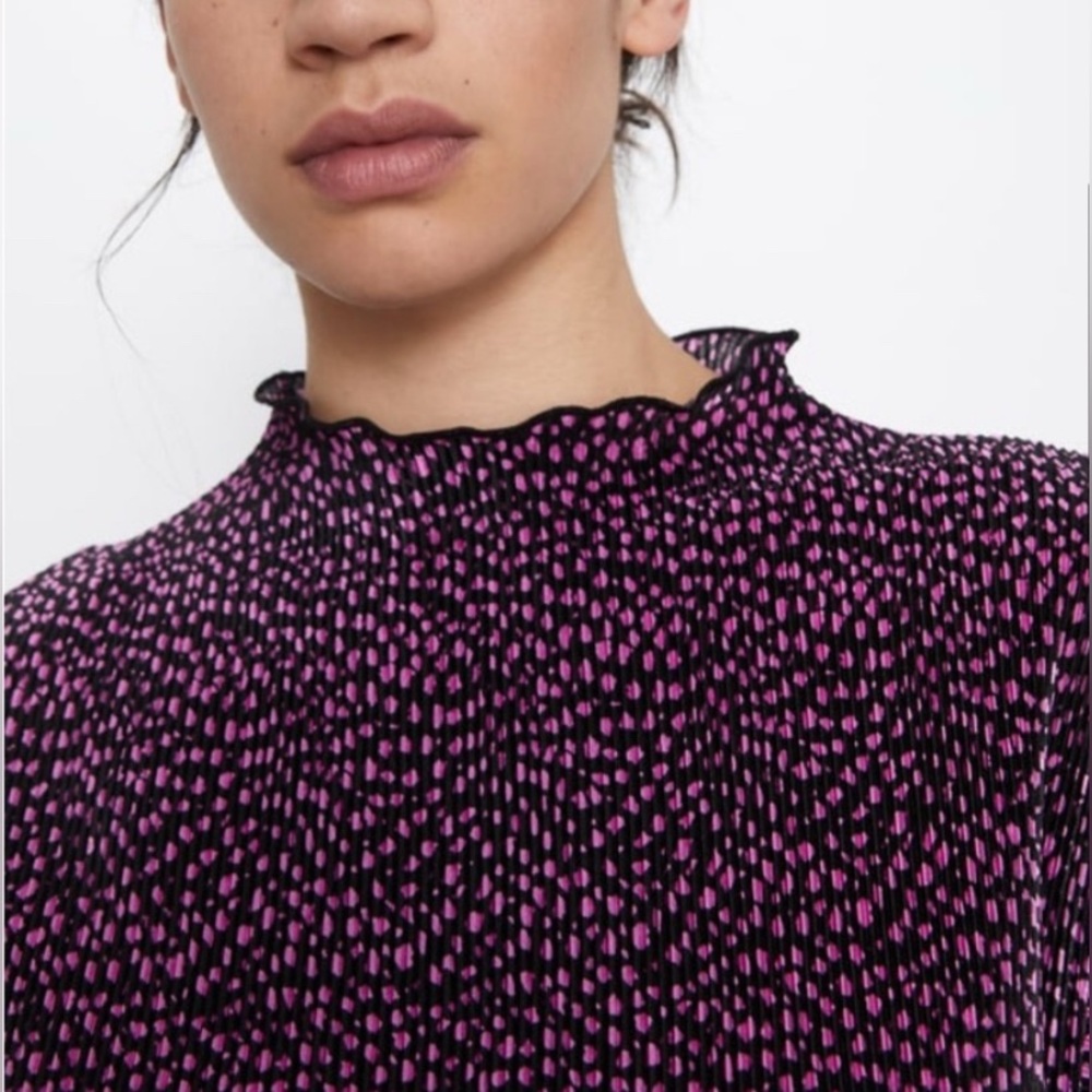 Zara Polka Dot Pleated Top, Pink and Black, Size Medium - Picture 6 of 10